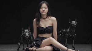 (masterpiece, ultra-realistic, 32k resolution, HDR, best quality, photorealistic). A stunning 20-year-old Asian girl with long, sleek black hair, blunt bangs, and striking red eyes, sitting confidently alongside two robotic dogs resembling Boston Dynamics models. She has delicate elf ears, adding a touch of fantasy to her appearance. Her pale skin contrasts with her dark, cyberpunk-inspired Japanese clothing, which includes a pleated skirt, thigh strap, and detailed jewelry such as earrings and a choker. Her nails are painted black and red, adding to the dark fantasy aesthetic. She wears traditional Japanese geta sandals with platform heels, The cinematic scene captures her in a movie-still style, with a film grain effect and slight blur to evoke a low-resolution 1980s movie screengrab. Despite the retro aesthetic, the high-quality details of her skin, clothing, and the robotic dogs create a sharp contrast. The background is dark, with subtle cyberpunk elements, enhancing the atmosphere of the scene. The lighting is soft and moody, highlighting her features and the sleek, mechanical design of the robotic dogs, while maintaining a sense of mystery and power.,ct-skyzo_identity