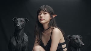 (masterpiece, ultra-realistic, 32k resolution, HDR, best quality, photorealistic). A stunning 20-year-old Asian girl with long, sleek black hair, blunt bangs, and striking red eyes, sitting confidently alongside two robotic dogs resembling Boston Dynamics models. She has delicate elf ears, adding a touch of fantasy to her appearance. Her pale skin contrasts with her dark, cyberpunk-inspired Japanese clothing, which includes a pleated skirt, thigh strap, and detailed jewelry such as earrings and a choker. Her nails are painted black and red, adding to the dark fantasy aesthetic. She wears traditional Japanese geta sandals with platform heels, The cinematic scene captures her in a movie-still style, with a film grain effect and slight blur to evoke a low-resolution 1980s movie screengrab. Despite the retro aesthetic, the high-quality details of her skin, clothing, and the robotic dogs create a sharp contrast. The background is dark, with subtle cyberpunk elements, enhancing the atmosphere of the scene. The lighting is soft and moody, highlighting her features and the sleek, mechanical design of the robotic dogs, while maintaining a sense of mystery and power.,ct-skyzo_identity