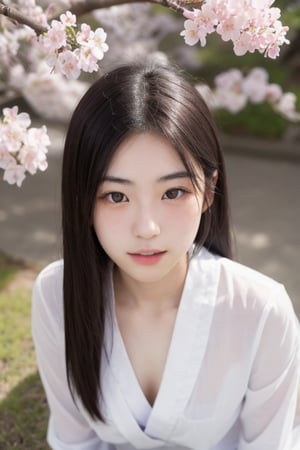 A 16-year-old Japanese beauty,in the sakura flowers.Turn slightly