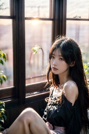 (((light and shadow photography, korean female model, sitting, Indoor, floating hair, dramatic lighting,sunset, dark, Half-length photo))),(masterpiece),((ultra-detailed)), (highly detailed photograph), ((film grain)),(expressionless), (best quality:1.2),(1girl:1.2)Best quality,masterpiece,ultra high res,raw photo,unity 8k wallpaper, big eyes:1.2, blush, blurry background, 50mm, photography, masterpiece, thin waist, photorealistic, soft light, 1girl, sad,upper body,Ava,dream_girl