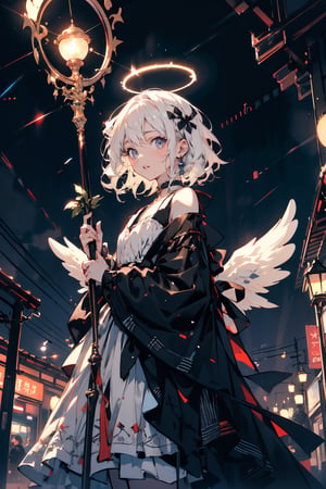 2 cute girl holding Staff, white hair, pale skin, balck dress, choker, vintage, night, night_sky, angel_halo,halo,Holy light,anime girl