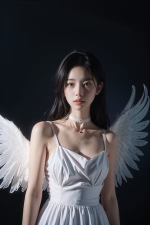 analog photo, a cute girl, black hair, pale skin, White dress, choker, vintage, faded film, film grain, night_sky, big angel wings, angel_halo,halo,dark background