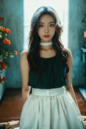 Mock up photo of cute girl, 22 years old, dark hair, pale skin, white satin skirt, choker, The left eye obscured by fresh flowers,Vintage,Faded film, (((film grain))), dark background, shadows, dust, ((Tyndale effect)), lots of detail, super detailed,(upper body)