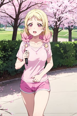 love live!, love live! superstar!!, onitsuka natsumi, 1girl, braid, medium breasts, breasts, multicolored hair, two-tone hair, pink eyes, blonde hair, pink hair
Shorts, short shorts, tight blouse, walking in the park, walking, day, cherry trees, cherry blossom, cherry blossom falling,