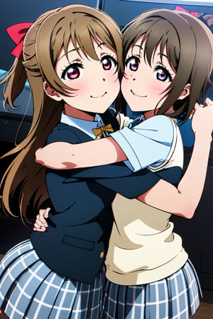 2 girls, together, hug,
kasumi nakasu, kasuminakas, short hair, bangs, brown hair, pink eyes, bob cut, light brown hair, asymmetrical hair, 
osaka shizuku, love live!, love live! nijigasaki high school idol club,1girl, blue eyes, brown hair, breasts, long hair, medium breasts, solo, hair bow, 
black vest, blue shirt, blue skirt, blush, bow, closed mouth, collared shirt, looking at viewer, neck ribbon, nijigasaki academy school uniform, plaid, plaid skirt, red bow, ribbon, school uniform, shirt, short sleeves, sidelocks, skirt, smile, summer uniform, vest,yellow ribbon