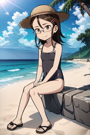 Yukari Tenkawa, masterpiece, best quality, 1girl, solo, brown hair, hair ornament, brown eyes, glasses, hairclip,
sitting, sitting on the sand, beach, ocean in the background, day, sunny, no sandals, looking at the ocean, sun hat, smile, swimsuit 