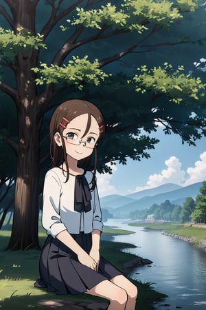 Yukari Tenkawa, masterpiece, best quality, 1girl, solo, brown hair, hair ornament, brown eyes, glasses, hairclip,
sitting, sitting on grass, under a tree, tree shadow, river, river near, beautiful place, flowers, trees, calm river, short skirt, blouse, smile, looks at the viewer,