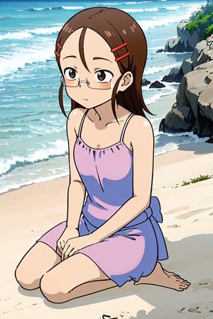 Yukari Tenkawa, masterpiece, best quality, 1girl, solo, brown hair, hair ornament, brown eyes, glasses, hairclip,
swimsuit, beach, sand, sandcastle, making the sandcastle, sitting in the sand, day, sunny, ocean in the background, playing with the sand,