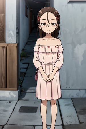 Yukari Tenkawa, masterpiece, best quality, 1girl, solo, brown hair, hair ornament, brown eyes, glasses, hairclip,
strapless blouse, pink blouse, off shoulder, short skirt, standing, look at viewer, street, japanese street, day,