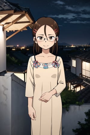 Yukari Tenkawa, masterpiece, best quality, 1girl, solo, brown hair, hair ornament, brown eyes, glasses, hairclip,
party dress, elegant dress, on a balcony, at night, watching the landscape, happy,