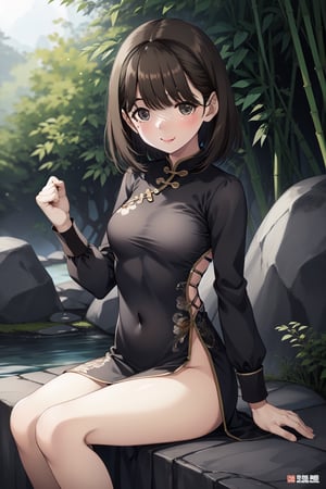 anegasaki nene, aanene, love plus, 1girl, breasts, brown eyes, brown hair, medium breasts, short hair, solo,
bamboo forest, sitting stone, sitting, dress, dress with slit, chinese dress, her leg can be seen, black dress, bamboo, sitting on the rock, smile