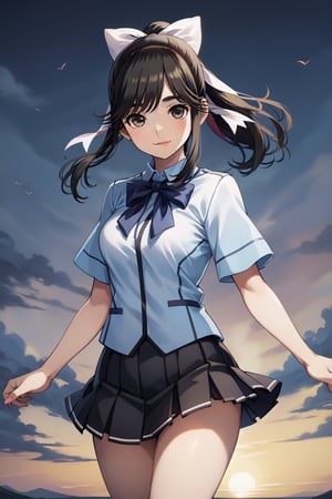 takane manaka, aamanaka, love plus, 1girl, black hair, breasts, bow, long hair, solo,brown eyes, ponytail
short skirt, skirt movement, legs can be seen, light blue bow, blouse, standing, look at the viewer, beautiful smile, delicate smile, good quality, masterpiece