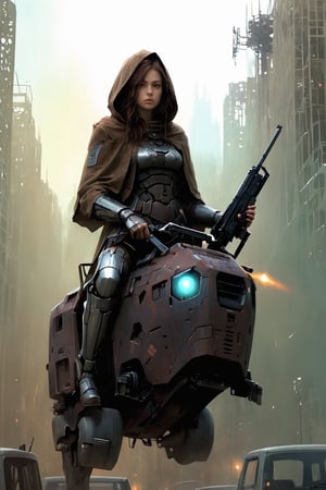 1girl, brown hair, holding, weapon, outdoors, hood, holding weapon, gun, robot, ground vehicle, building, holding gun, mecha, motor vehicle, rifle, science fiction, city, realistic, riding, bear,digital artwork by Beksinski,Movie Poster