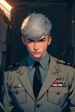 solo, looking at viewer, shirt, 1boy, upper body, grey hair, male focus, necktie, collared shirt, uniform, black eyes, military, military uniform, ground vehicle, black necktie, realistic,portrait,Futuristic room