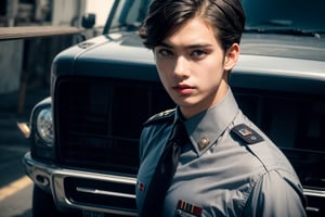 solo, looking at viewer, shirt, 1boy, upper body, grey hair, male focus, necktie, collared shirt, uniform, black eyes, military, military uniform, ground vehicle, black necktie, realistic,portrait