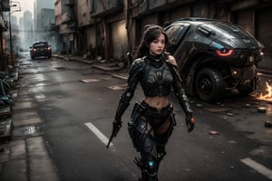 beautiful, realistic, masterpiece, high definition, bird's eye view, super wide angle photography, 1 girl, ((futuristic black tactical suit)), sexy, charming, seductive, special operations agent, off shoulder crop top, premium gadgets , mid-chest, urban tech wear. The scene is in a war-torn urban street. The girl carries a high-tech laser cannon. Smoke, fire, bullet holes