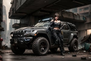 Beautiful, realistic, masterpiece, high definition, super wide angle photography, 1 girl, ((futuristic black tactical suit)), sexy, charming, seductive, special operations agent, off shoulder crop top, premium gadgets, medium bust, Urban high-tech clothing. The scene takes place on the streets of a war-torn city. Heavy jeep with girl sitting in the driver's seat. Handsome and serious expression.