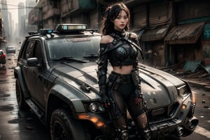 beautiful, realistic, masterpiece, high definition, bird's eye view, super wide angle photography, 1 girl, ((futuristic black tactical suit)), sexy, charming, seductive, special operations agent, off shoulder crop top, premium gadgets , mid-chest, urban tech wear. The scene is in a war-torn urban street. The girl drives a heavily loaded jeep. Smoke, fire, bullet holes