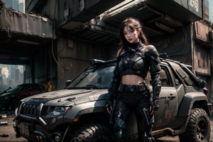 Beautiful, realistic, masterpiece, high definition, super wide angle photography, 1 girl, ((futuristic black tactical suit)), sexy, charming, seductive, special operations agent, off shoulder crop top, premium gadgets, medium bust, Urban high-tech clothing. The scene takes place on the streets of a war-torn city. Heavy jeep with girl sitting in the driver's seat. Handsome and serious expression.