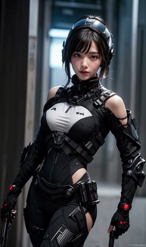 Beautiful, Realistic, Masterpiece, HD, 1 Girl, ((Futuristic Black Tactical Suit)), Sexy, Charming, Seductive, Special Operations Agent, Off Shoulder Crop Top, Advanced Gadgets, Medium Breasts, Hand Weapons, Urban High Tech clothing, happy flirting