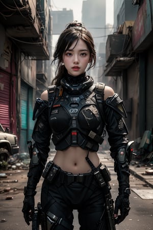 beautiful, realistic, masterpiece, high definition, bird's eye view, super wide angle photography, 1 girl, ((futuristic black tactical suit)), sexy, charming, seductive, special operations agent, off shoulder crop top, premium gadgets , mid-chest, urban tech wear. The scene is in a war-torn urban street. The girl was driving a large heavily loaded jeep. Smoke, fire, bullet holes