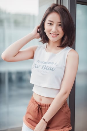 a woman, 24-years old, medium hair, brown hair, sleeveless crop t-shirt, navel, shorts, flirty smile, look at the viewer, medium portrait shot, indoor, dynamic light, natural color grading,