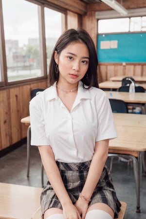 A 20 years old korean girl. She is in the classroom, sitting on her desk. Her legs are spread wide apart. Her underwears are exposed. Camera is focusing on her pelvis. She is sweating hard. Her skin is moist with her sweats. Her hands are place behind her back.

(best quality), ((masterpiece)), (highres), illustration, original, extremely detailed, (二次元大系·御姐篇_V1.0:0.7)zlqs, best quality, masterpiece, 

1girl, solo, looking at viewer, neutral_expression, closed mouth, sitface, seated, sitting, leaning, leaning_back, foreshortening, lower_body, focus_on_lower_body,  facing_viewer, legs_open, legs_apart, hand behind body, hand_behind_back, arm_behind_back,

natural_light, natural_light_on_face, hot_temperature,

classroom background, kyoushitsu, classroom, indoors, school chair, school desk, chalkboard, window, ceiling light, curtains, wooden_floor, blurry_background,blurry_foreground, 

gyaru, school uniform, skirt, miniskirt, microskirt, black_skirt, pleated skirt, plaid skirt, lifted_skirt,skirt_up, shirt, collared_shirt, white shirt, (white_shirt), short sleeves, necktie, black_necktie, socks, white_socks,

jewelry, bracelet, 
  
breasts, huge_breast, giant_breasts, gigantic_breasts,huge_tits, breast_exposed, straight_hair, longhair, brown-hair, bangs, light_brown_eyes, shiny_eyes, wide_pelvis,

sweating, sweating_profusely, wet_clothes, wet_hair, wet_skin,mist, moist,kaidan