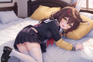 masterpiece, Best Quality, anime colours, Game CG, Official art, High quality, Best Quality, extremely detailed eye, extra detailed body, extremely detailed fingers, 1girl, solo, long hair, looking at viewer, blush, smile, open mouth, skirt, red brown hair, shirt, thighhighs, long sleeves, hair between eyes, twintails, school uniform, yellow eyes, :d, multicolored hair, pleated skirt, lying, shoes, serafuku, indoors, black skirt, sailor collar, black footwear, white thighhighs, zettai ryouiki,   pillow, bed, on bed, on side, blue shirt,horse ear,nice nature\(umamusume)\