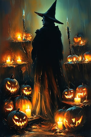 warm candles glow illuminating a dimly lit, darkened room on a spooky Halloween night. The flickering flame casts eerie shadows on the walls as cobweb-covered candelabras and jack-o'-lanterns surround it. A lone figure, dressed in a witch's hat and cape, stands silhouetted against the darkness, their eyes glowing with an otherworldly light.