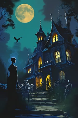 A dark, eerie mansion looms in the foreground, its turrets and spires reaching towards a crescent moon hanging low in the midnight sky. A lone bat flutters around the entrance, as if beckoning visitors to enter the foreboding abode. In the doorway, a skeletal figure stands guard, its bony fingers grasping the frame with an unsettling intensity.