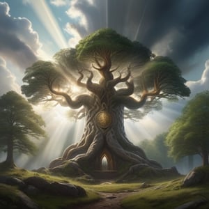 Yggdrasil, irminsul, giant sacred three, forest landscape, clouded Sky, sunrays through clouds, 