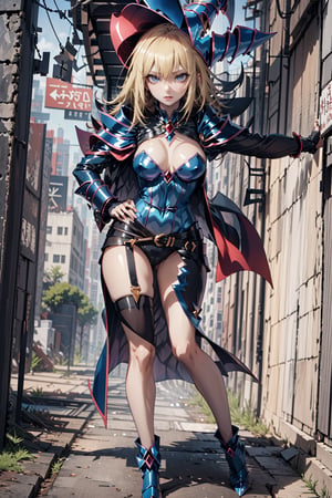 dark magician girl, blonde hair, blue eyes, perfect face, full body