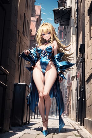 dark magician girl, blonde hair, blue eyes, perfect face, full body