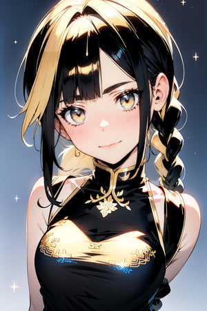 (photorealistic:),(masterpiece, sidelights, exquisite gentle eyes), (character focus,face focus,close to viewer,portrait,masterpiece),cute face、 3D face,(black long hair,straight hair),(braided bangs),(1 girl),(gold eyes)
,(upper body),(sleeveless china dress,gold embroidery),(kind face),(contrapposto)、(head tilt),
(cute face),(gentle smile),Gentle face,(small breasts),(blue gradient background)、full body, blonde
neat and clean、adorable、Slim Body,(tsurime),,shiny hair, shiny skin、,niji,sketch,manga,aura,,blue,lighs
lighs,
,lighs,bzillust