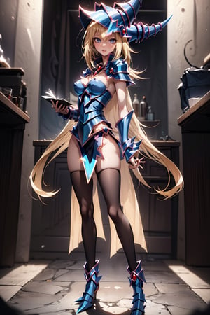 dark magician girl, blonde hair, blue eyes, perfect face, full body