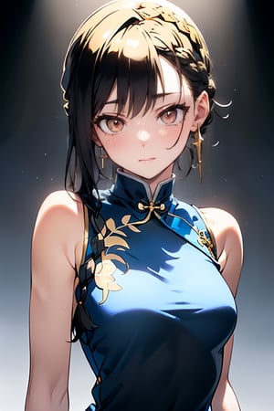 (photorealistic:),(masterpiece, sidelights, exquisite gentle eyes), (character focus,face focus,close to viewer,portrait,masterpiece),cute face、 3D face,(black long hair,straight hair),(braided bangs),(1 girl),(gold eyes)
,(upper body),(sleeveless china dress,gold embroidery),(kind face),(contrapposto)、(head tilt),
(cute face),(gentle smile),Gentle face,(small breasts),(blue gradient background)、full body 
neat and clean、adorable、Slim Body,(tsurime),,shiny hair, shiny skin、,niji,sketch,manga,aura,,blue,lighs
lighs,
,lighs,bzillust