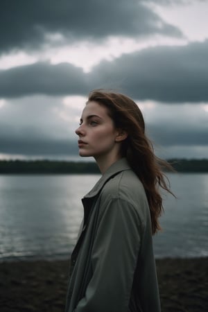 cinematic, documentary photography, a young woman under a cloudy day, wide shot, in a melancholic scene, soft light filtering through clouds, Nikon DSLR, cool and muted tones