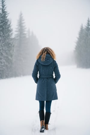 Cinematic, documentary photography, a young woman in a snowy day, wide shot, in a serene winter landscape, snowfall, soft natural light, Nikon D850, cool and tranquil color palette.