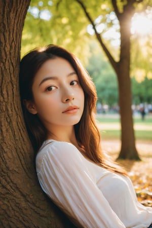 cinematic, documentary photography, a young woman, close-up shot, in a moment of solitude, under a tree in a park, soft sunlight, Nikon DSLR, warm and vibrant colors