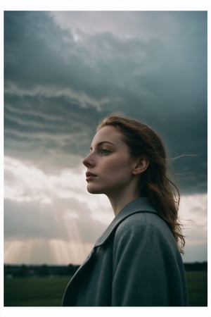 cinematic, documentary photography, a young woman under a cloudy day, wide shot, in a melancholic scene, soft light filtering through clouds, Nikon DSLR, cool and muted tones