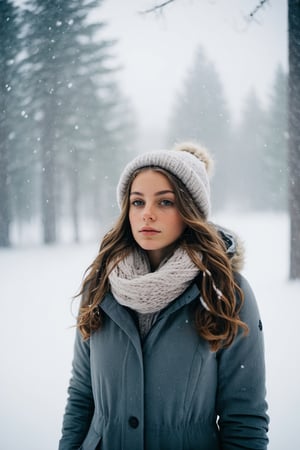 Cinematic, documentary photography, a young woman in a snowy day, wide shot, in a serene winter landscape, snowfall, soft natural light, Nikon D850, cool and tranquil color palette.