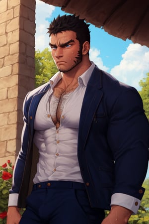 solo, 1_man, 1_character, masculine, square_jawline, white_shirt, shirt, hairy, buzz_cut, black hair, short hair, long sideburns, stubble, muscular, open_jacket, open_clothes, frown, abs, thick_eyebrows, pectroals, muscular_male, bara, large_pectorals, mature_male, very_short_hair, chest_hair, pectoral_cleavage, hairy, pectoral_focus, tanigaki, perfect anatomy, perfect proportions, (best quality, masterpiece), (perfect eyes, perfect eye pupil), perfect hands, high_resolution, dutch angle, outside, shiny skin, sweaty, best quality, masterpiece, intricate details,best quality