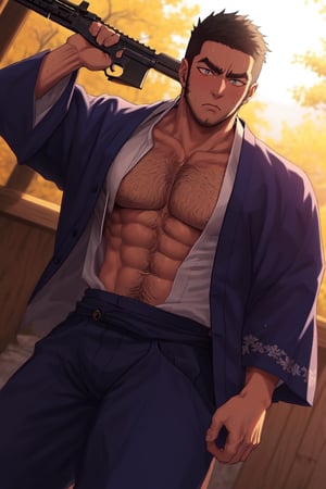 solo, 1_man, 1_character, masculine, square_jawline, white_shirt, shirt, hairy, buzz_cut, black hair, short hair, long sideburns, stubble, japanese_clothes, kimono, ainu_clothes, holding_gun, rifle, bara, holding_weapon, beefcake, muscular, open_jacket, open_clothes, frown, abs, thick_eyebrows, pectroals, muscular_male, bara, navel_hair, very_hairy, arm_hair, white_background, large_pectorals, mature_male, very_short_hair, open_clothes, open_kimono, chest_hair, pectoral_cleavage, hairy, pectoral_focus, tanigaki, perfect anatomy, perfect proportions, (best quality, masterpiece), (perfect eyes, perfect eye pupil), perfect hands, high_resolution, dutch angle, outside, shiny skin, sweaty, best quality, masterpiece, intricate details,best quality