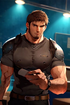 1_boy, solo, looking at viewer, short hair, brown hair, 1boy, upper body, male focus, grey shirt, facial hair, shoulder armor, realistic, masculine, muscular, large pecs, arm hair, manly, handsome, charming, alluring, perfect eyes, perfect anatomy, perfect proportions, (perfecteyes) perfect anatomy, perfect proportions, best quality, masterpiece, high_resolution, dutch angle, cowboy shot, photo background, perfect hands, perfect fingers, intricate details,photorealistic,Anime,chris-rev