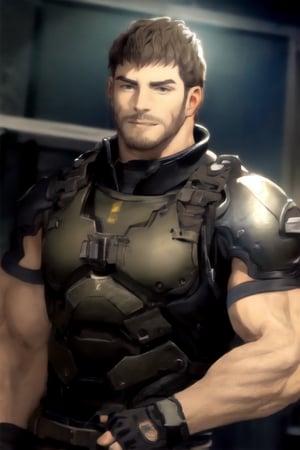 1_boy, solo, looking at viewer, short hair, brown hair, 1boy, upper body, male focus, grey shirt, facial hair, shoulder armor, realistic, masculine, muscular, large pecs, arm hair, manly, handsome, charming, alluring, perfect eyes, perfect anatomy, perfect proportions, (perfecteyes) perfect anatomy, perfect proportions, best quality, masterpiece, high_resolution, dutch angle, cowboy shot, photo background, perfect hands, perfect fingers, intricate details,photorealistic