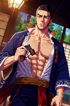 solo, 1_man, 1_character, masculine, square_jawline, white_shirt, shirt, hairy, buzz_cut, black hair, short hair, long sideburns, stubble, japanese_clothes, kimono, ainu_clothes, holding_gun, rifle, bara, holding_weapon, beefcake, muscular, open_jacket, open_clothes, frown, abs, thick_eyebrows, pectroals, muscular_male, bara, large_pectorals, mature_male, very_short_hair, chest_hair, pectoral_cleavage, hairy, pectoral_focus, tanigaki, perfect anatomy, perfect proportions, (best quality, masterpiece), (perfect eyes, perfect eye pupil), perfect hands, high_resolution, dutch angle, outside, shiny skin, sweaty, best quality, masterpiece, intricate details,best quality
