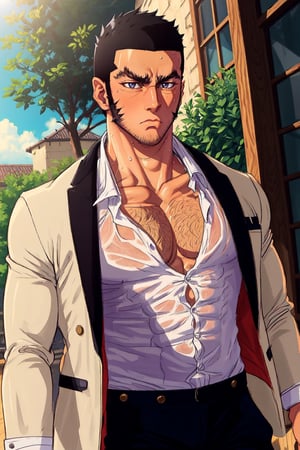 solo, 1_man, 1_character, masculine, square_jawline, white_shirt, shirt, hairy, buzz_cut, black hair, short hair, long sideburns, stubble, muscular, open_jacket, open_clothes, frown, abs, thick_eyebrows, pectroals, muscular_male, bara, large_pectorals, mature_male, very_short_hair, chest_hair, pectoral_cleavage, hairy, pectoral_focus, tanigaki, perfect anatomy, perfect proportions, (best quality, masterpiece), (perfect eyes, perfect eye pupil), perfect hands, high_resolution, dutch angle, outside, shiny skin, sweaty, best quality, masterpiece, intricate details