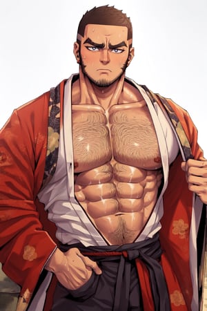 solo, 1_man, 1_character, masculine, square_jawline, white_shirt, shirt, hairy, buzz_cut, black hair, short hair, long sideburns, stubble, japanese_clothes, kimono, ainu_clothes, beefcake, muscular, open_jacket, open_clothes, frown, abs, thick_eyebrows, pectroals, muscular_male, bara, navel_hair, very_hairy, arm_hair, white_background, large_pectorals, mature_male, very_short_hair, open_clothes, open_kimono, chest_hair, pectoral_cleavage, hairy, pectoral_focus, tanigaki, perfect anatomy, perfect proportions, (best quality, masterpiece), (perfect eyes, perfect eye pupil), perfect hands, high_resolution, dutch angle, outside, shiny skin, sweaty, best quality, masterpiece, intricate details,best quality,nijimale