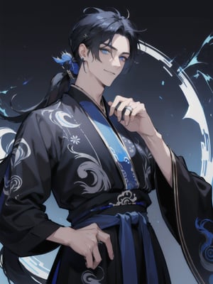 masterpiece, best quality, ultra high resolution, detailed face, perfect focus, 1boy, handsome cool man, (mature:1.2), (tall), detailed beautiful dark_blue_eyes, sharp_eyes, childish smile, black_hair, long_hair, hair_band, low_pony_tail, (black_hanfu),(black yin yang embroidery),(blue_earring), (silver_rings), free style, lighting magic