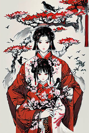 masterpiece, best quality, ultra high resolution, poster,   chinese art, simple, (blank space in the middle), bird, branches, red_chinese_fans, flowers